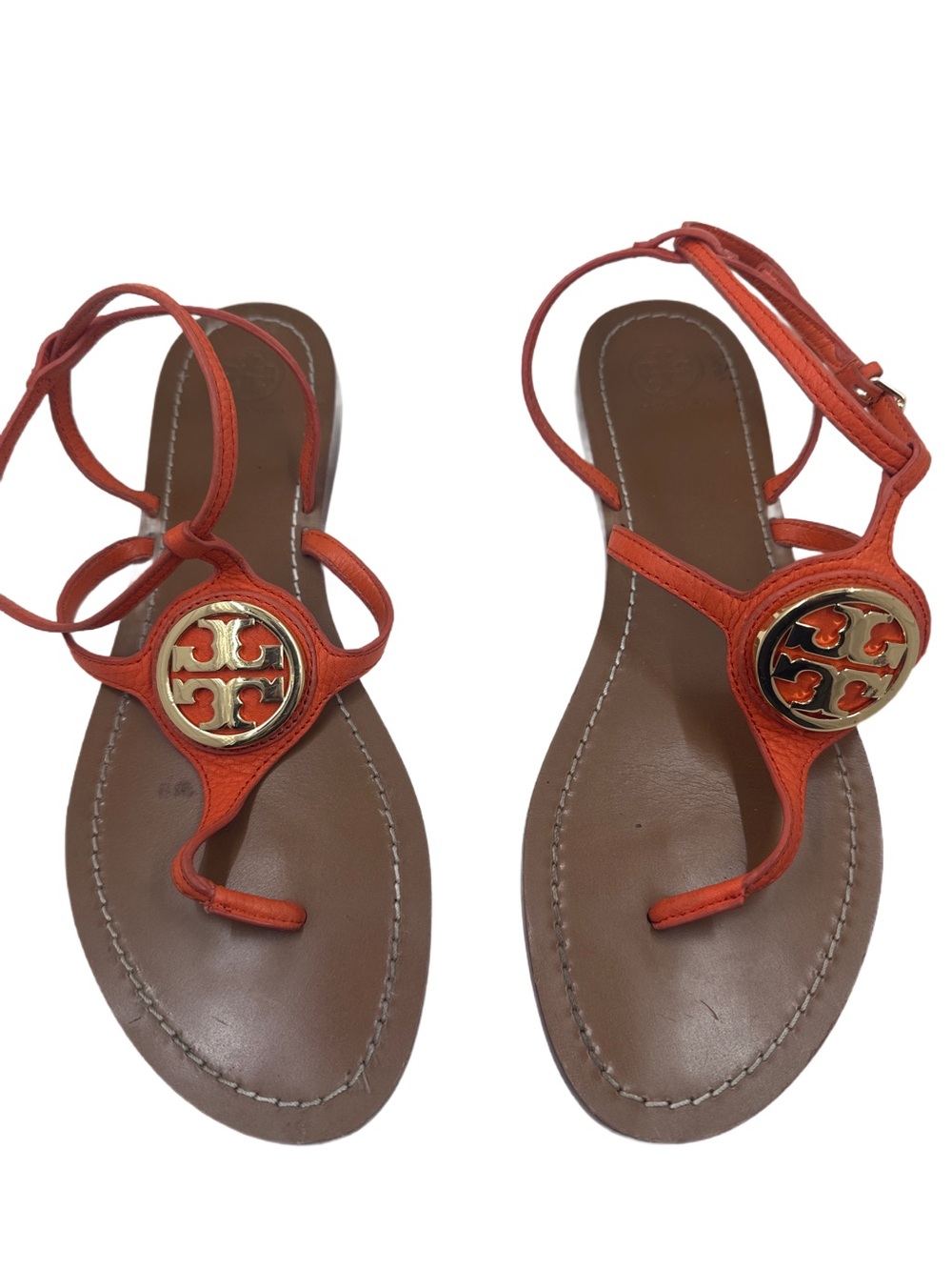 Tory Burch Orange Leather Logo Medallion Ankle Strap Sandals Size 11